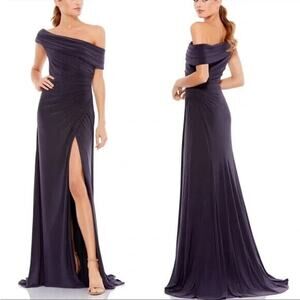 NWT Mac Duggal Size Foldover‎ Off The Shoulder High Slit Gown Charcoal SZ 16